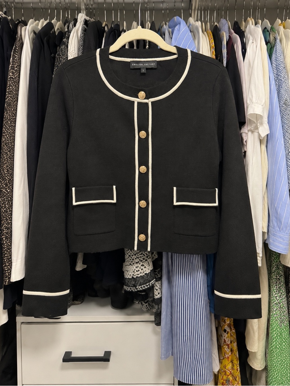English Factory Black Contrast Trim Gold Button Cardigan Jacket